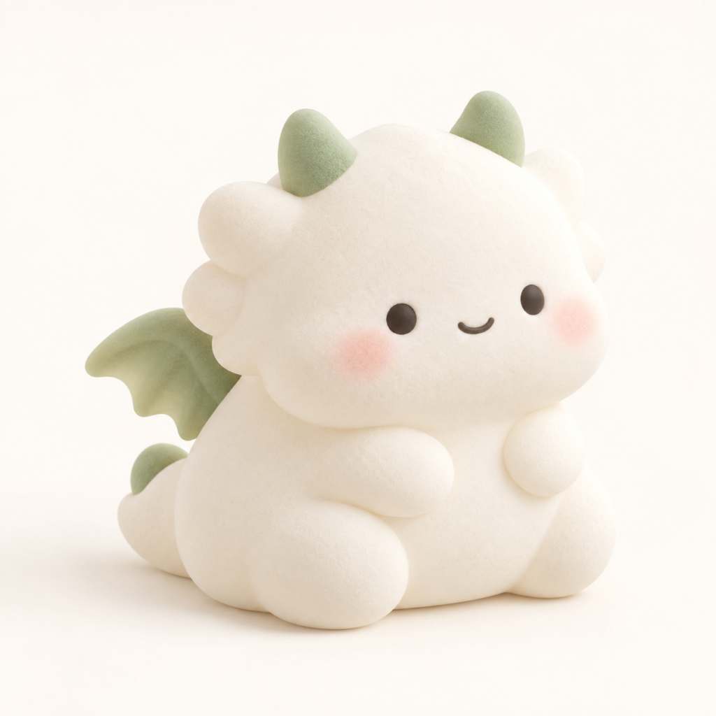 Cloud Puff Dragon Squishy in cream with sage-green horns and wings